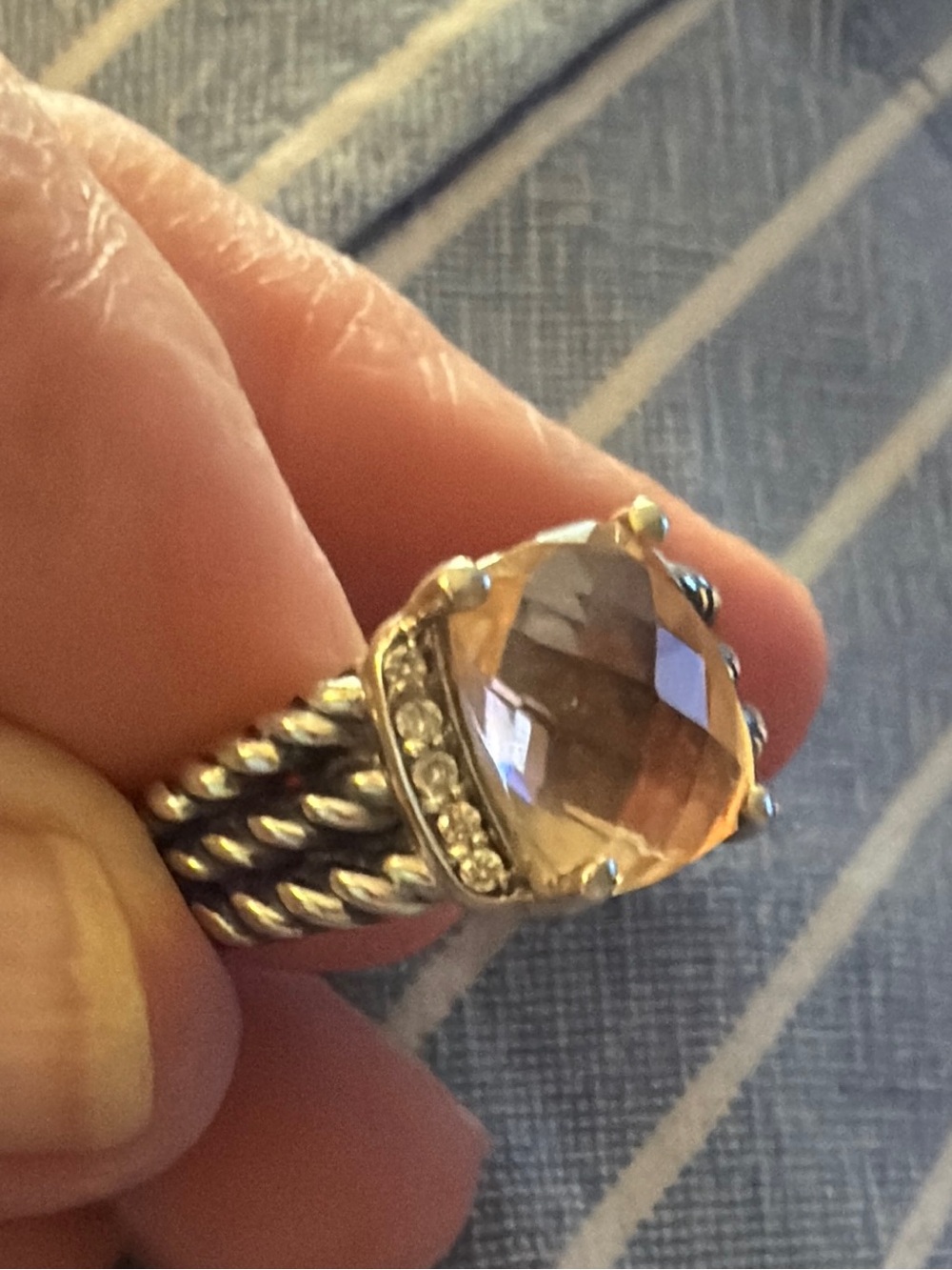 David Yurman Petite Wheaton Sterling Silver Morganite & Diamond Ring Size 7